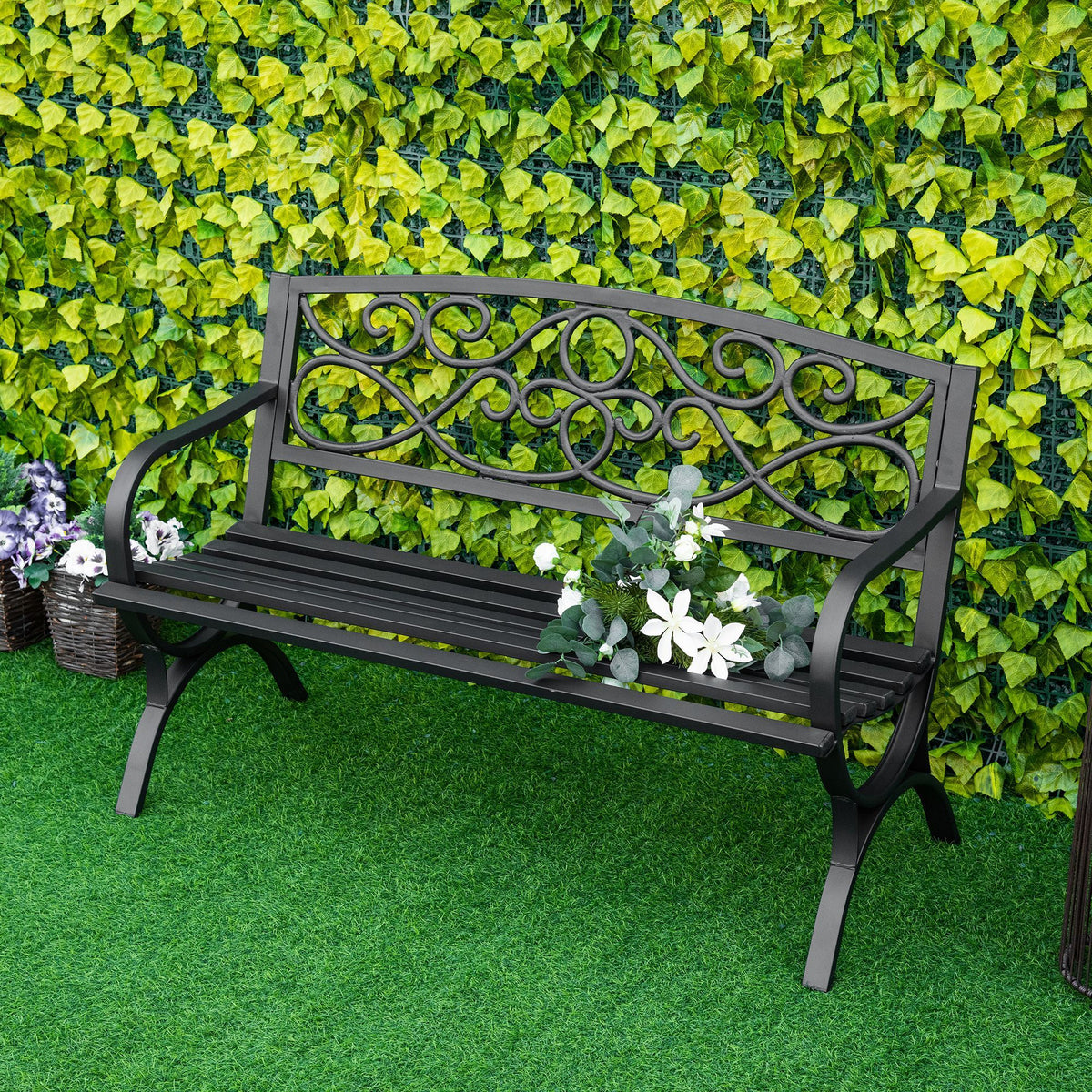 50" 2-Seater Outdoor Garden Bench Antique Loveseat with Armrest for Yard, Lawn, Porch, Patio, Steel/ Black