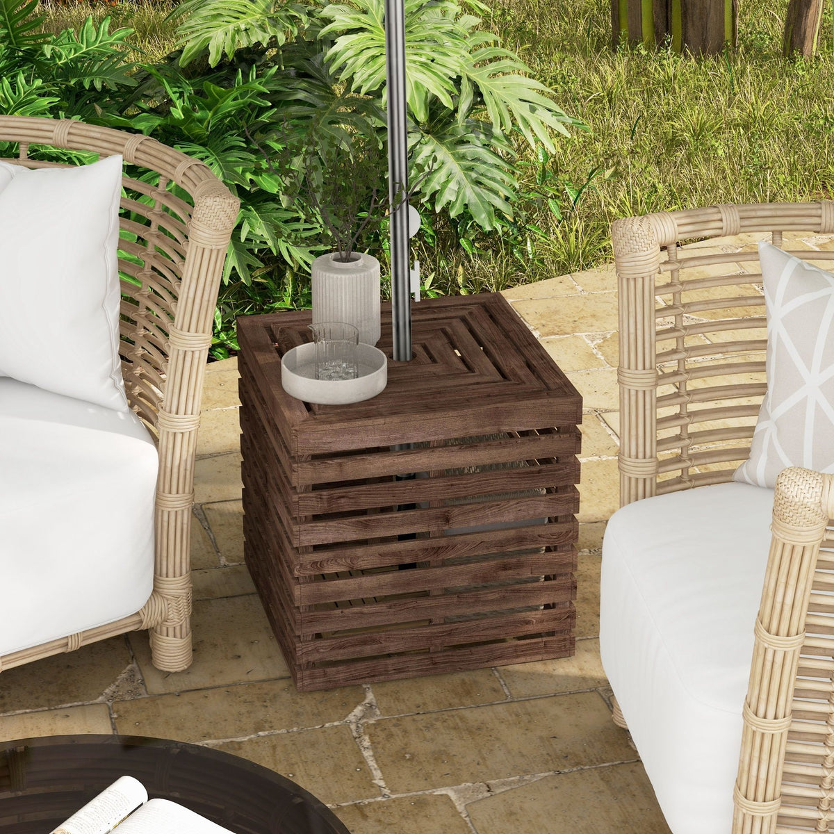 2-in-1 Outdoor Umbrella Base Storage Box Wooden Patio Side Table, Brown