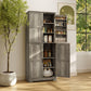 Farmhouse Kitchen Pantry Cabinet, Kitchen Cabinet with Barn Doors, Adjustable Shelves and Door Racks, Distressed Grey
