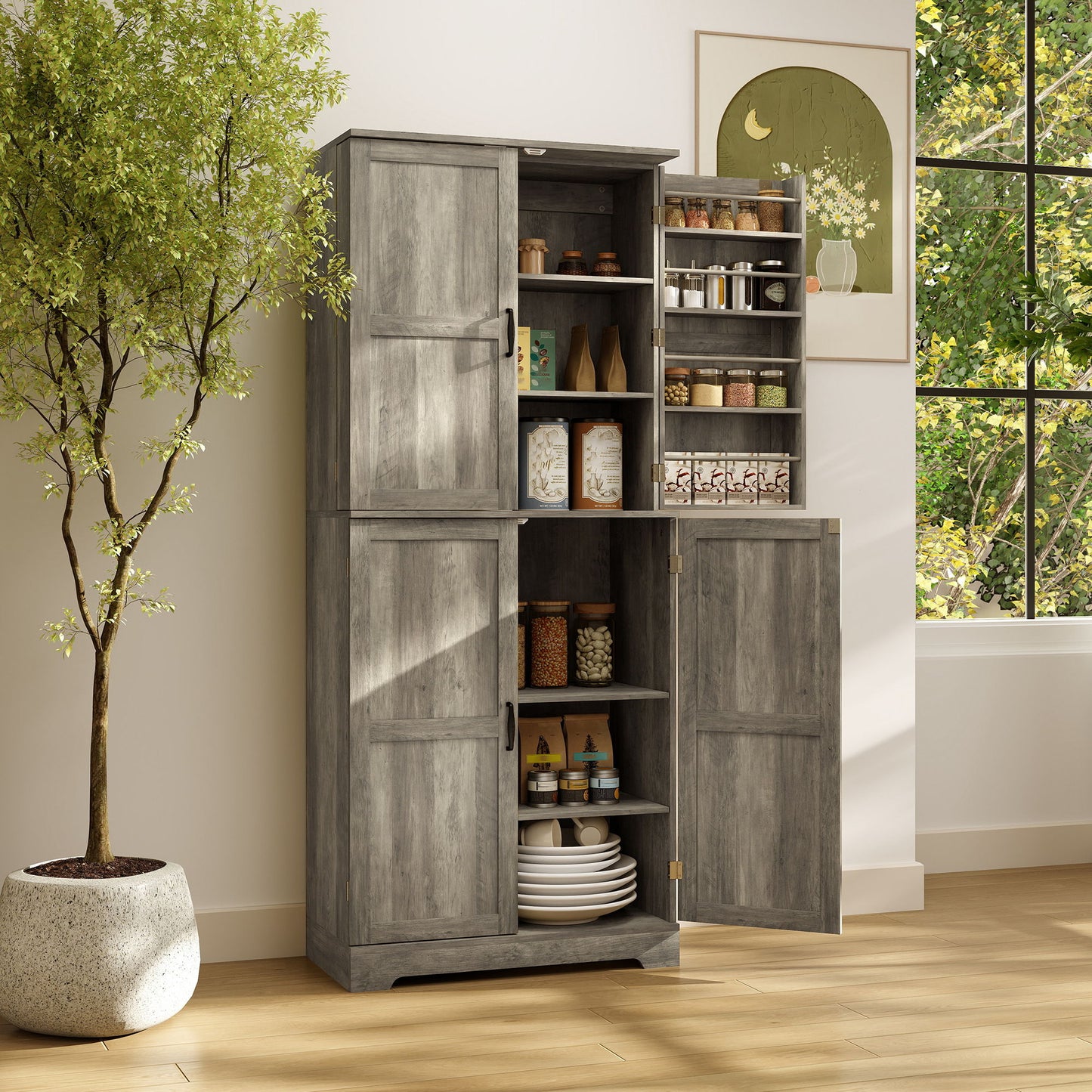 Farmhouse Kitchen Pantry Cabinet, Kitchen Cabinet with Barn Doors, Adjustable Shelves and Door Racks, Distressed Grey