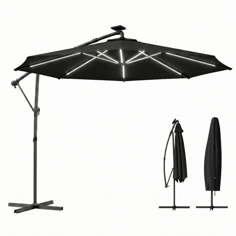 10' Black Offset Patio Umbrella with Solar Light & 360° Rotation