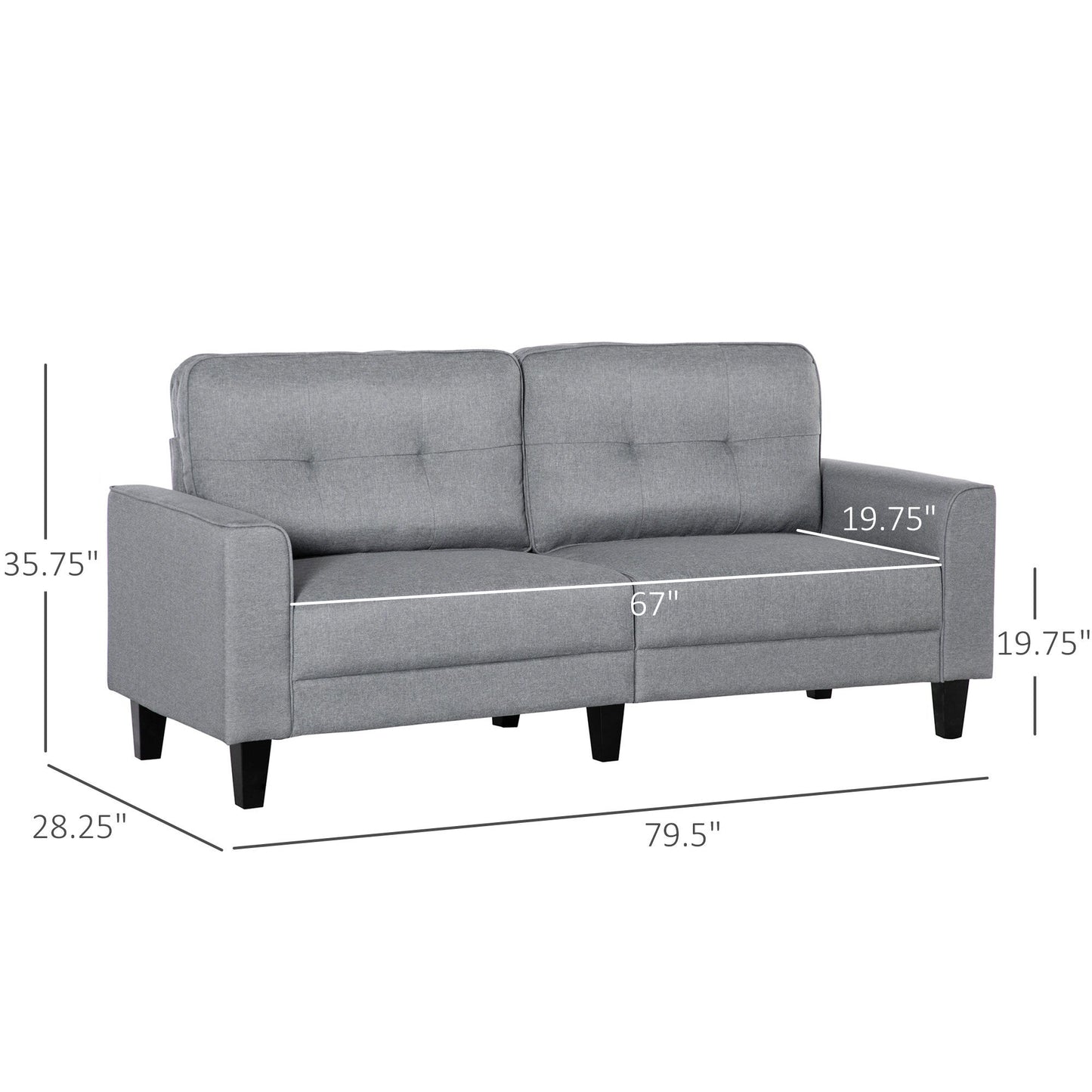 3-Seater Sofa, Mid-Century Linen Couch with Upholstered Seat, Button-Tufted Back Cushion and Rubber Wood Legs for Living Room, Bedroom, Gray