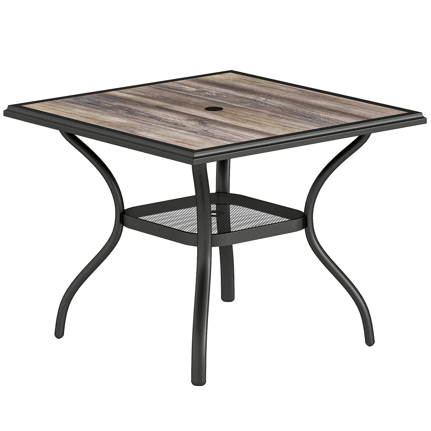 Outdoor Dining Table for 4, Square Patio Table with Umbrella Hole, Shelf, Faux Wood Top for Garden, Backyard, Grey