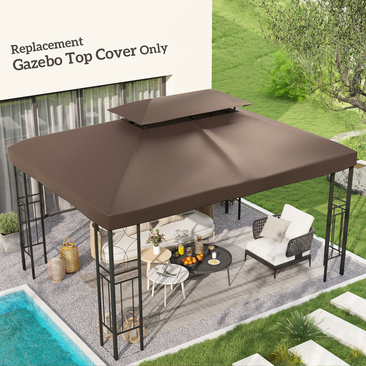 13' x 10' Gazebo Replacement Canopy, 2 Tier Top Roof Garden Pavilion UV Cover, Brown (TOP ONLY)