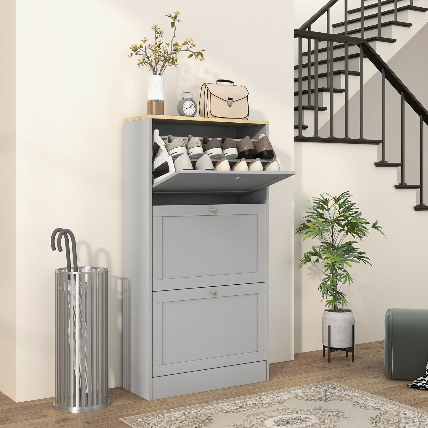 Modern Shoe Storage with 3 Flip Drawers and Adjustable Shelves, Shoe Cabinet Organizer for 12-18 Pairs of Shoes, Grey