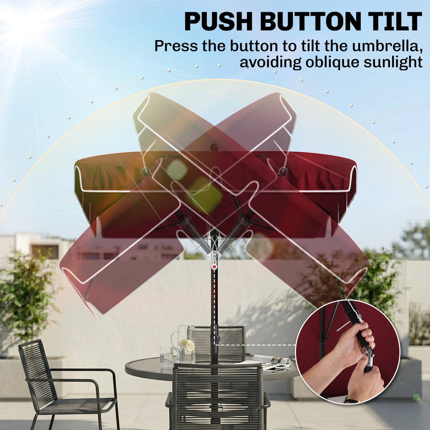 6.5x4ft Rectangle Patio Umbrella Aluminum Tilt Adjustable Garden Parasol Sun Shade Outdoor Canopy Wine Red