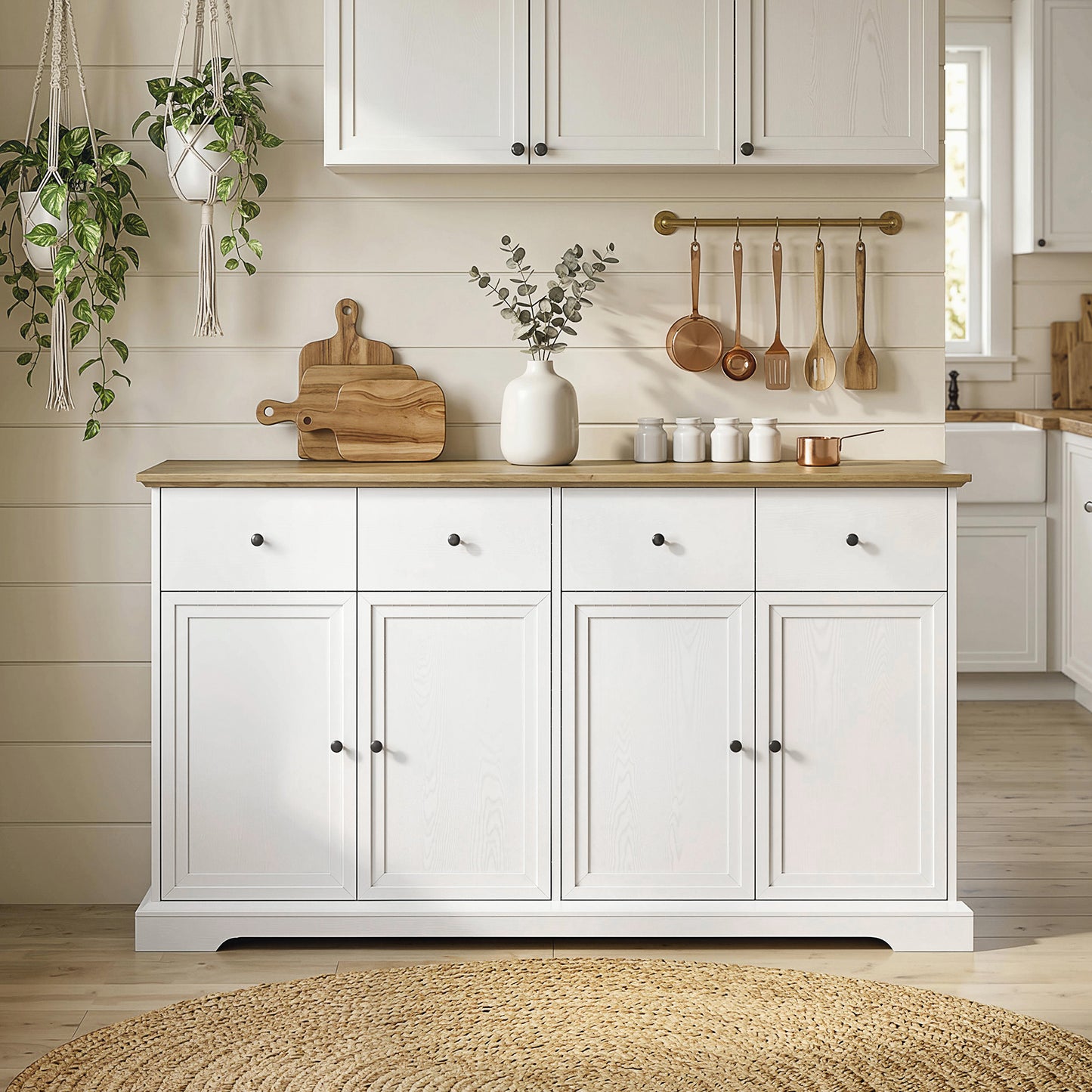 Sideboard Buffet Cabinet, 55" Farmhouse Kitchen Cabinet with Soft-Close Doors, 2 Drawers and 2 Adjustable Shelves