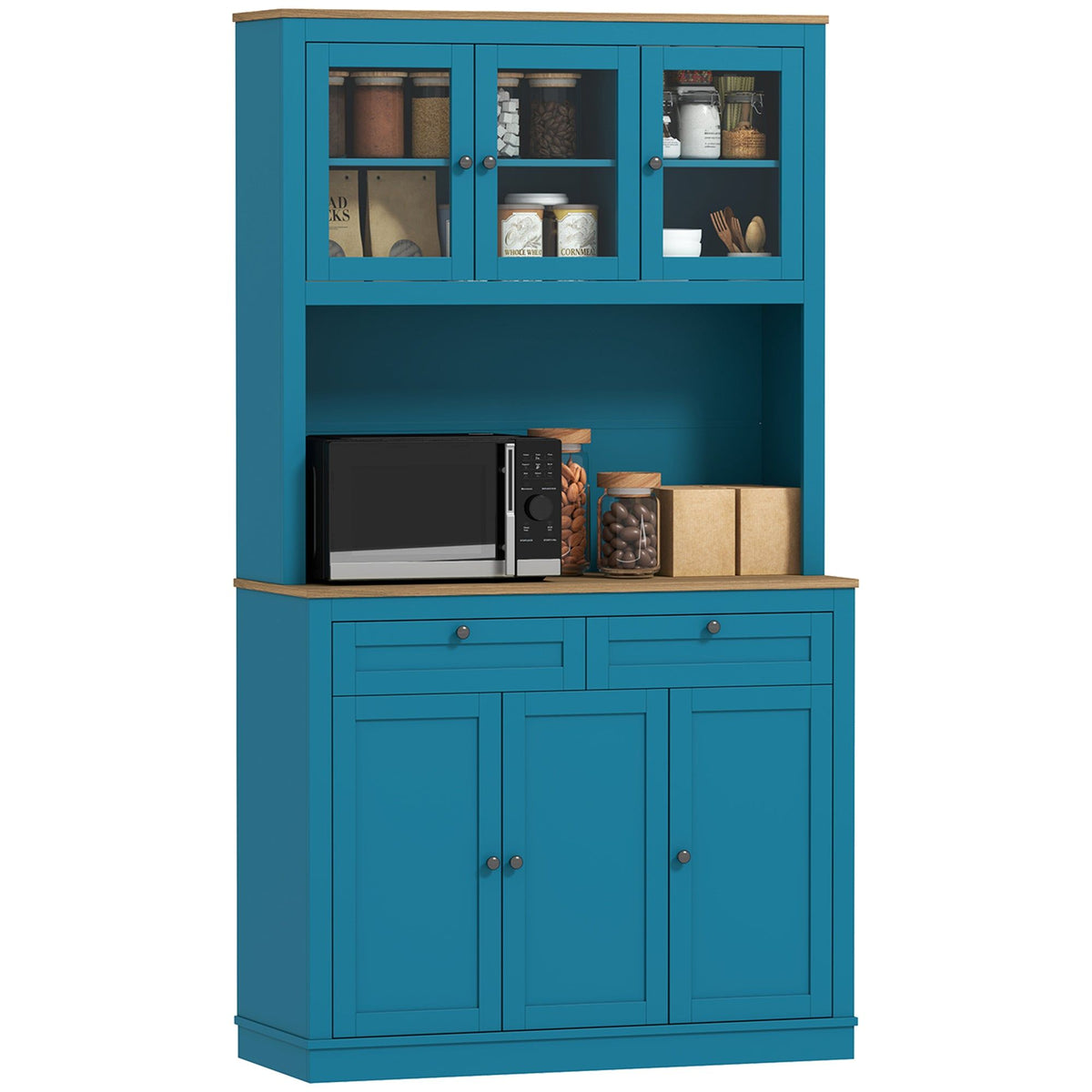 71" Pantry Cabinet with Hutch & Glass Doors - Navy Blue