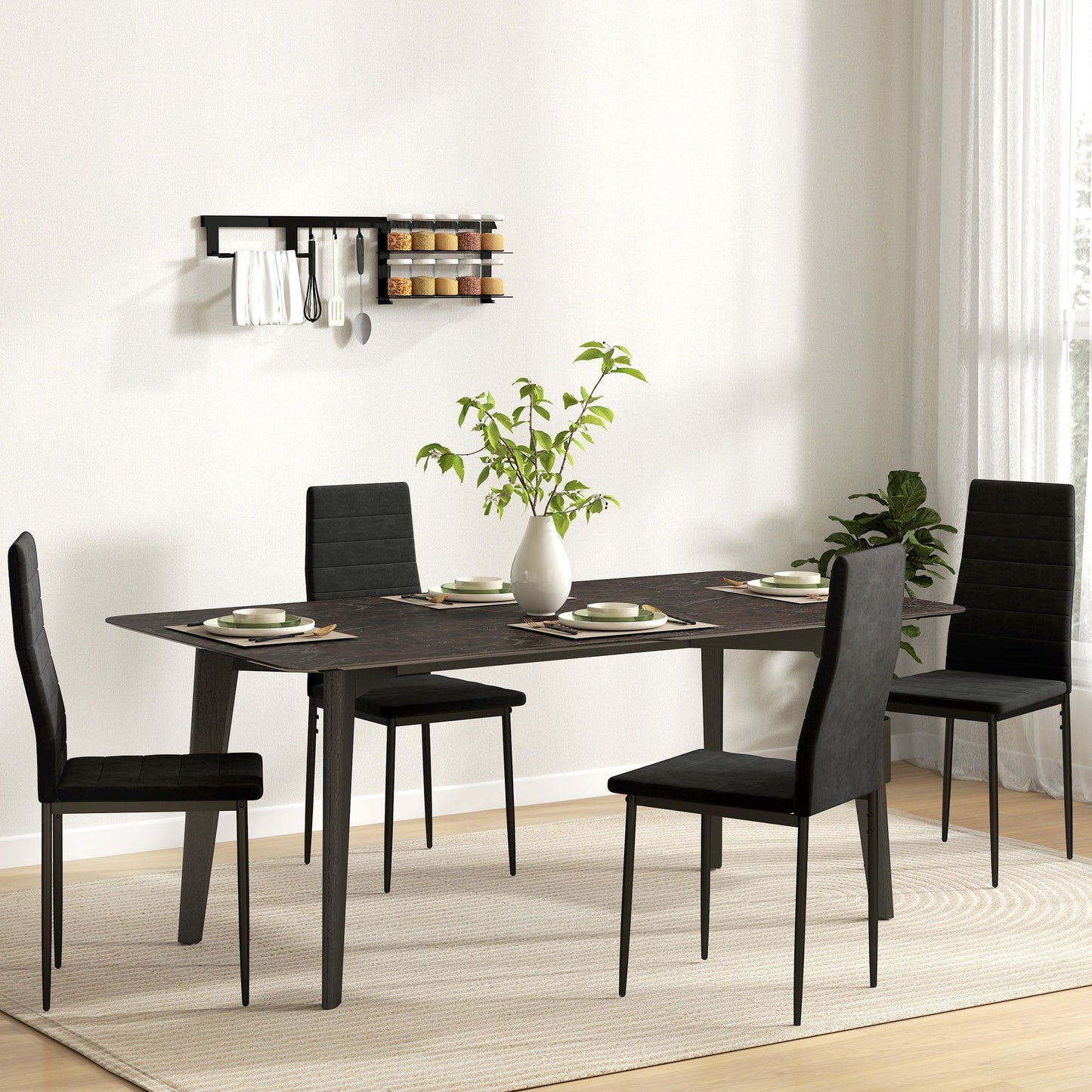 High Back Dining Chairs Set of 4 with Metal Legs - Black