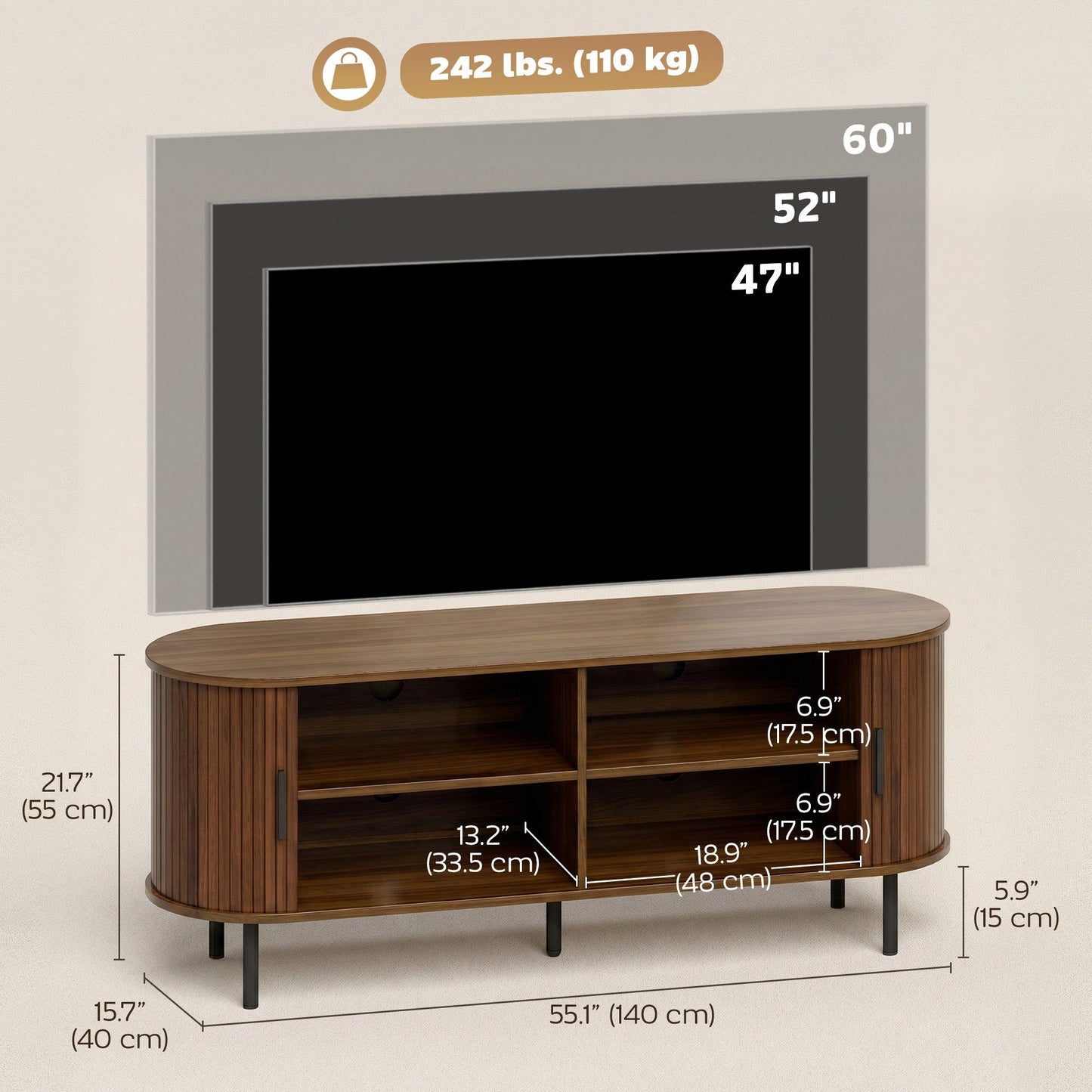 60" TV Stand with Curved Sliding Doors - Walnut Brown