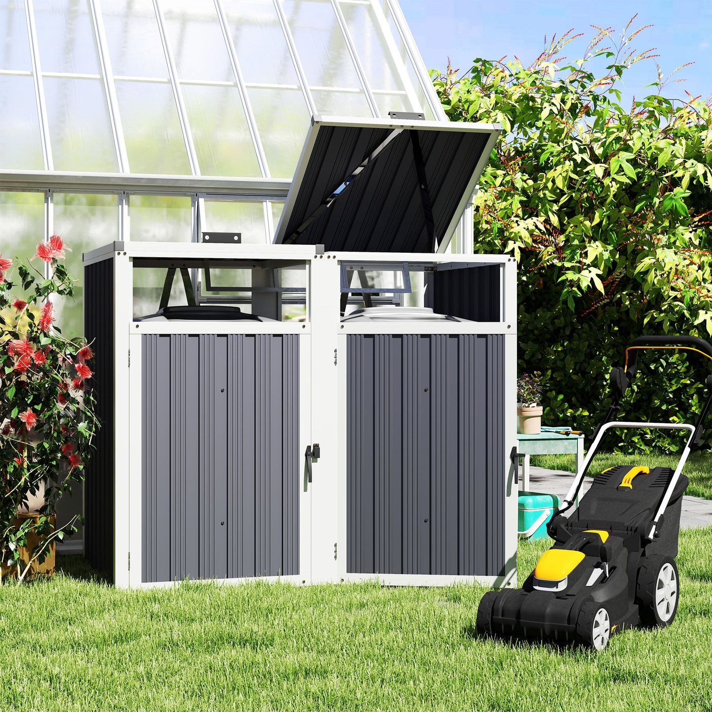 Double Garbage Bin Shed, Lockable Outdoor Storage Shed with Openable Lid, Galvanized Frame for Garden Patio, Dark Grey