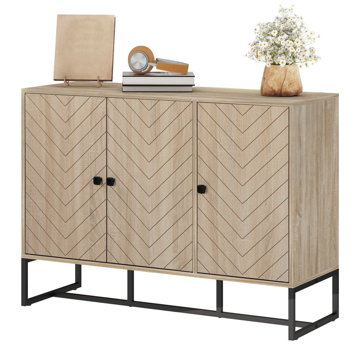Sideboard Buffet Cabinet with 3 Chevron Doors - Oak