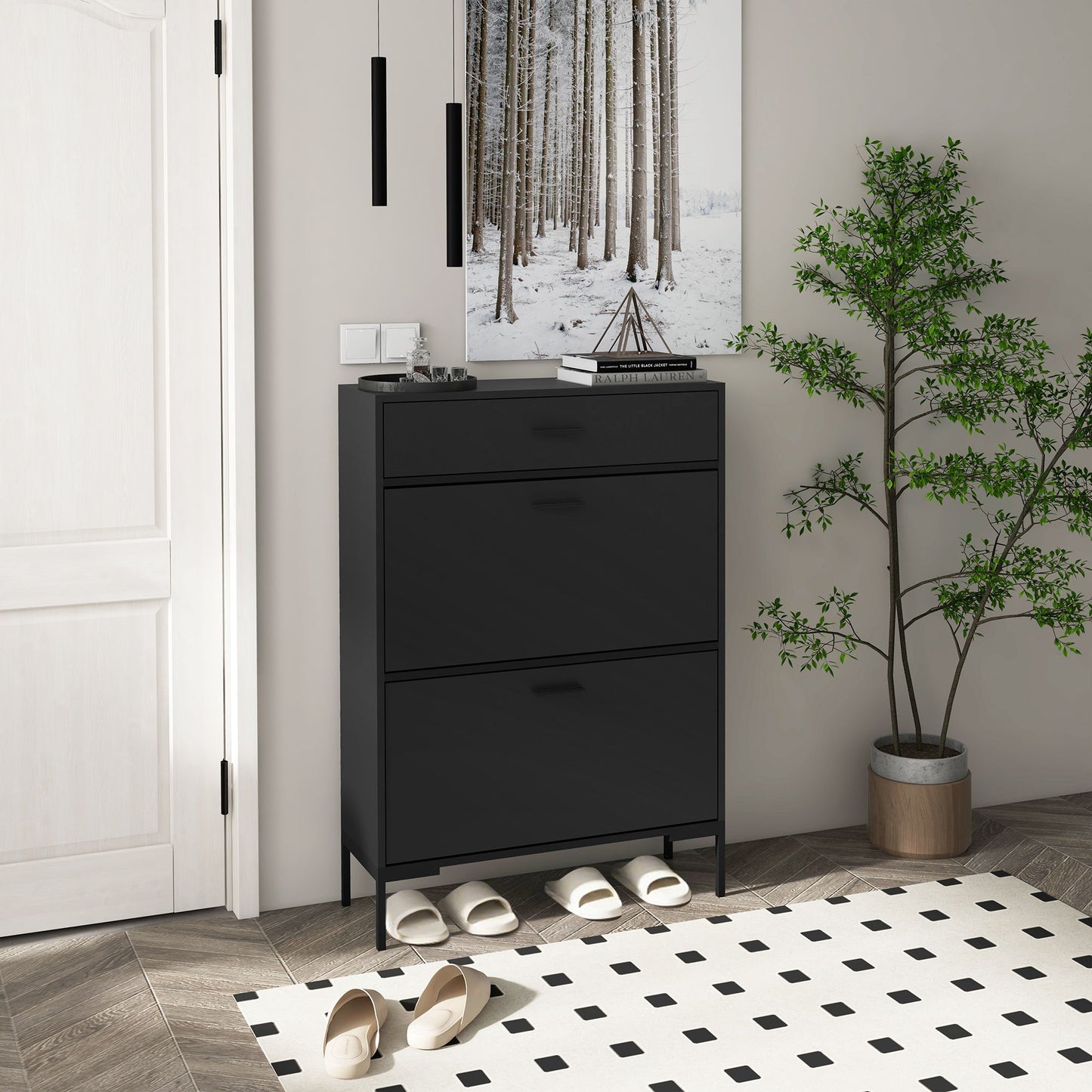 Modern Shoe Cabinet Storage 12 Pair Shoe Organizer with 2 Flip Doors Drawer and Adjustable Shelf Black