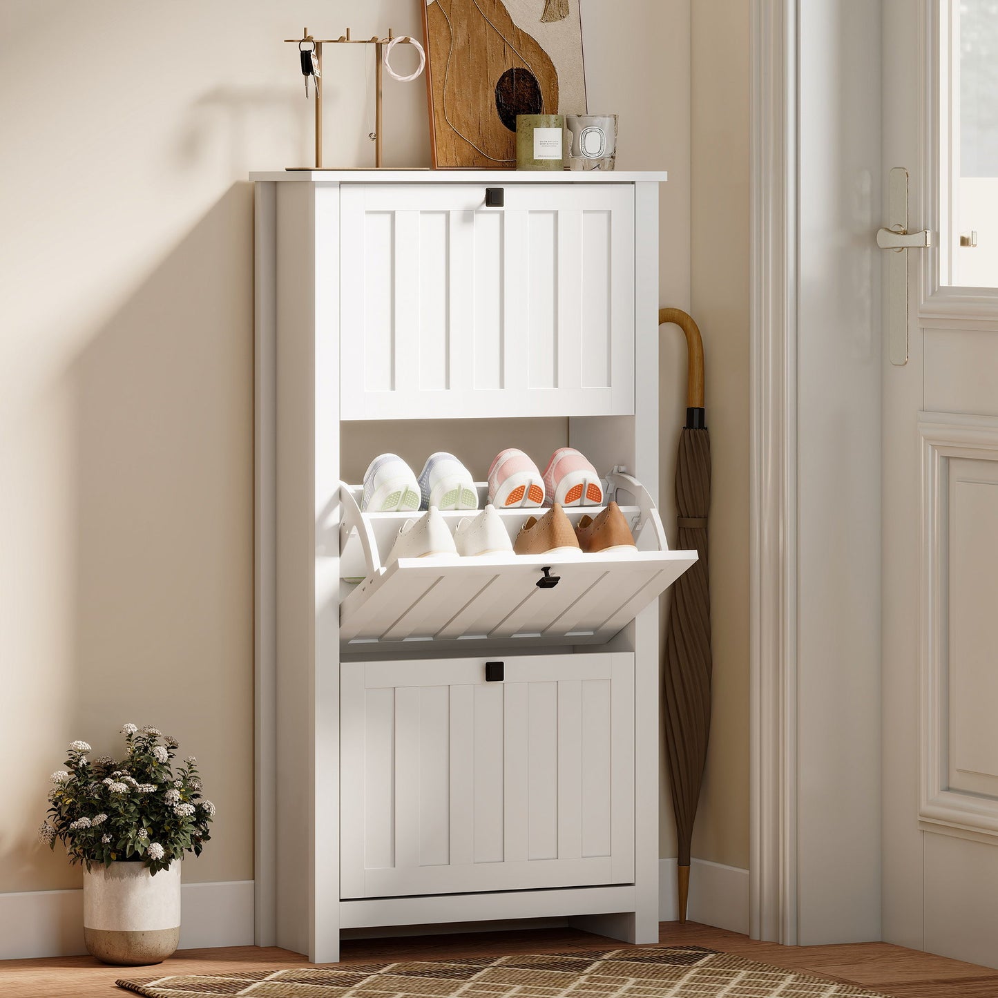 Slim Shoe Cabinet with 3 Flip Drawers, Shoe Storage Cabinet with Adjustable Shelves for Entryway, Holds 12 Pairs, White