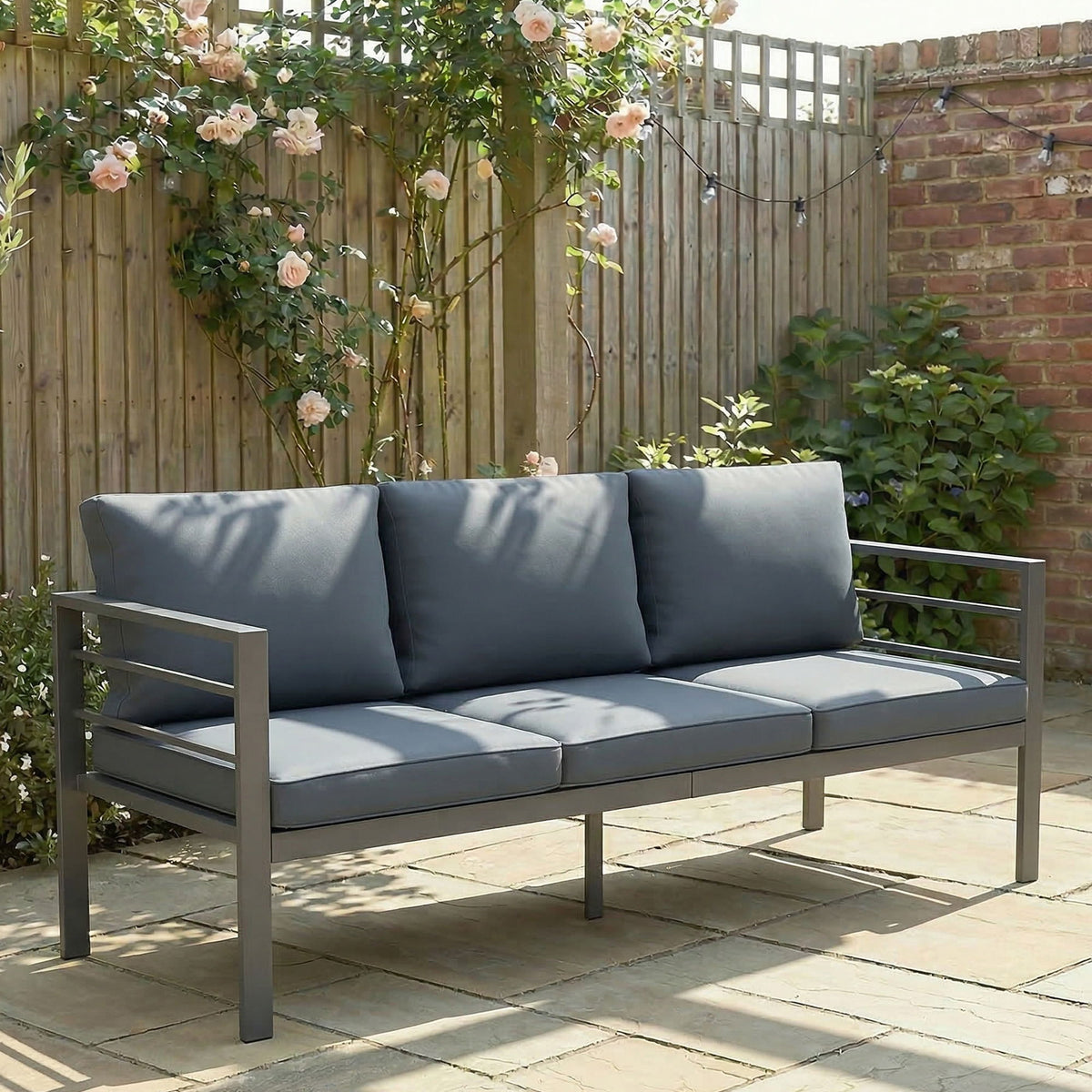 Aluminum Garden Sofa, 3-Person Outdoor Couch, Backyard Furniture for 3-person with Cushions, 72.8" x 26" x 25.2", Grey