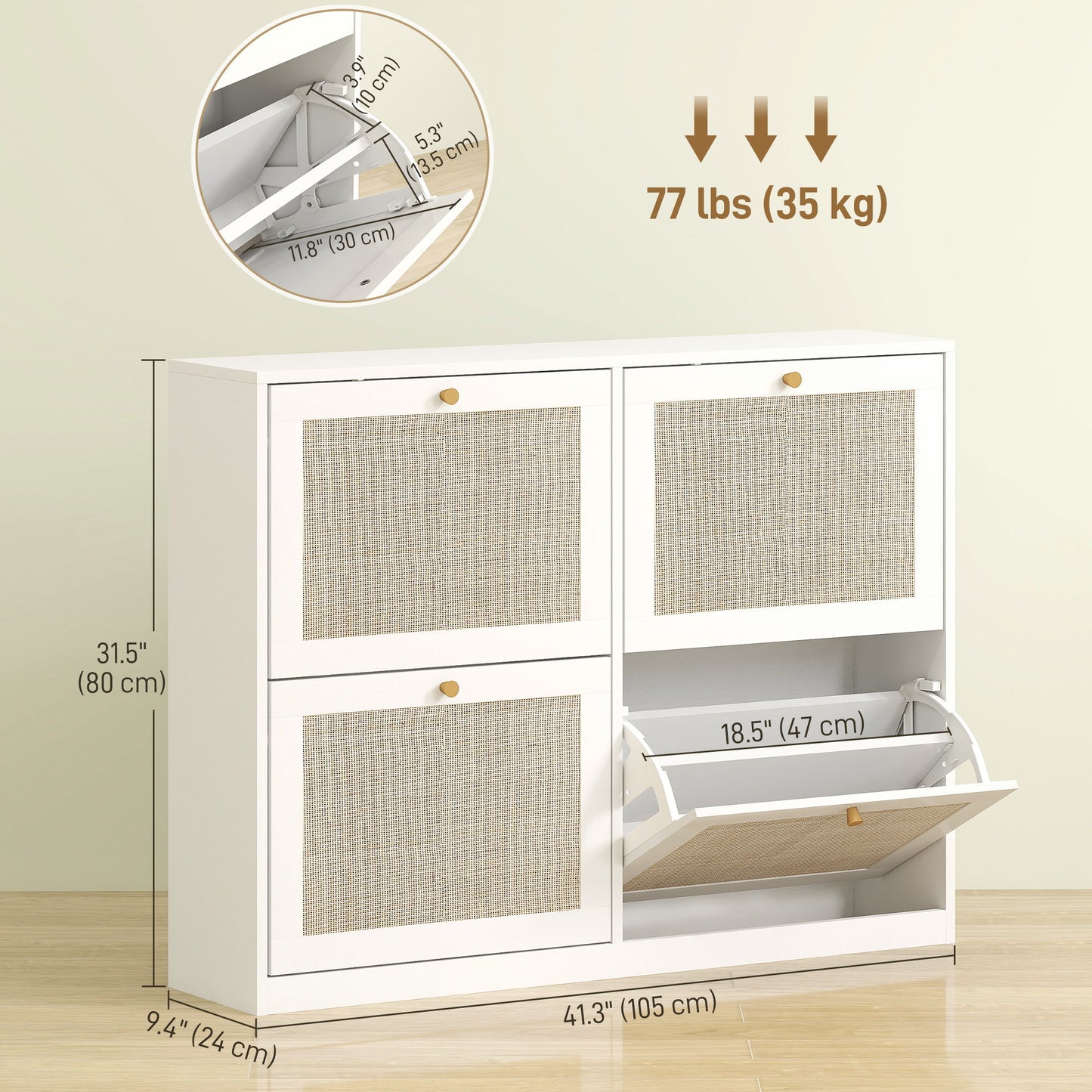 Narrow Shoe Storage Cabinet, Rattan Shoe Cabinet with 4 Flip Drawers and Adjustable Shelves for 20 Pairs, White