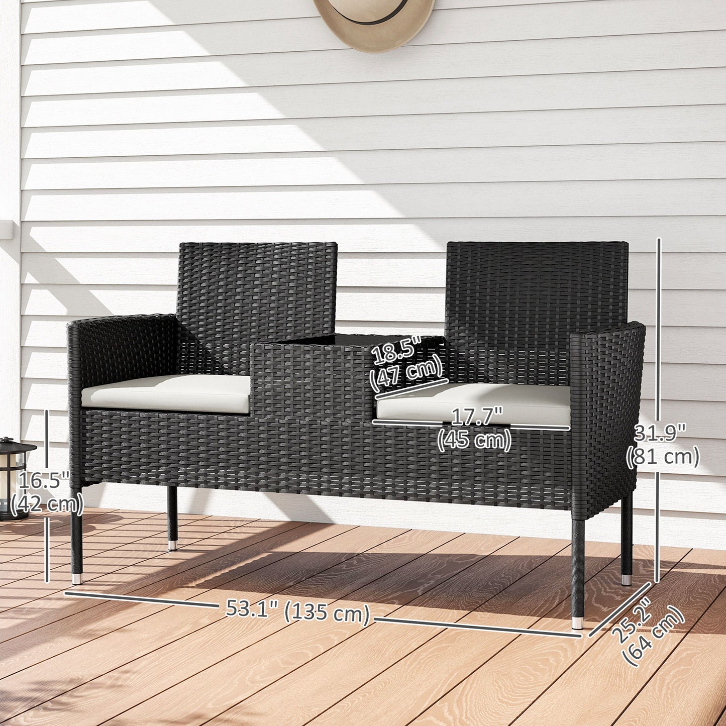 Patio Furniture w/ Mid-Table PE Rattan Loveseat w/ Cushion, Cream White