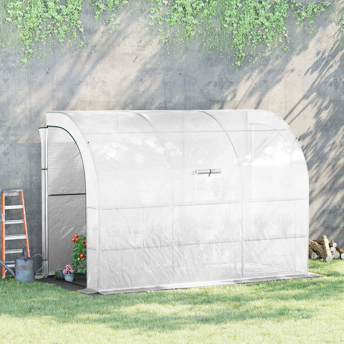 Lean-to Greenhouse Outdoor Gardening Green House with Windows and 2 Zipper Doors, 10' x 5' x 7', White