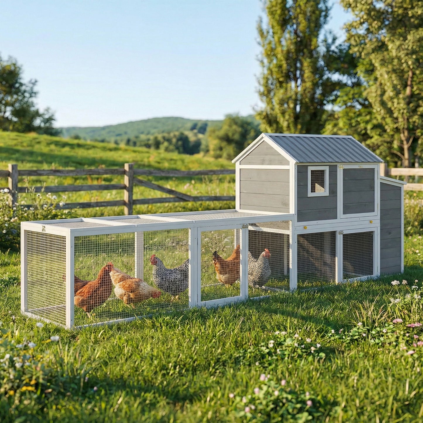 Large Chicken Coop, 134"L Wooden Chicken House with Run, Nesting Box, Slide-Out Tray, Waterproof Roof and Ramp