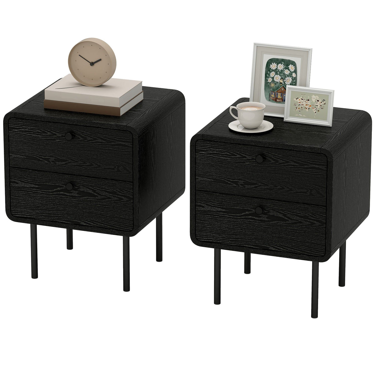 Nightstand Set of 2 with Drawer and Steel Legs - Black Wood Grain