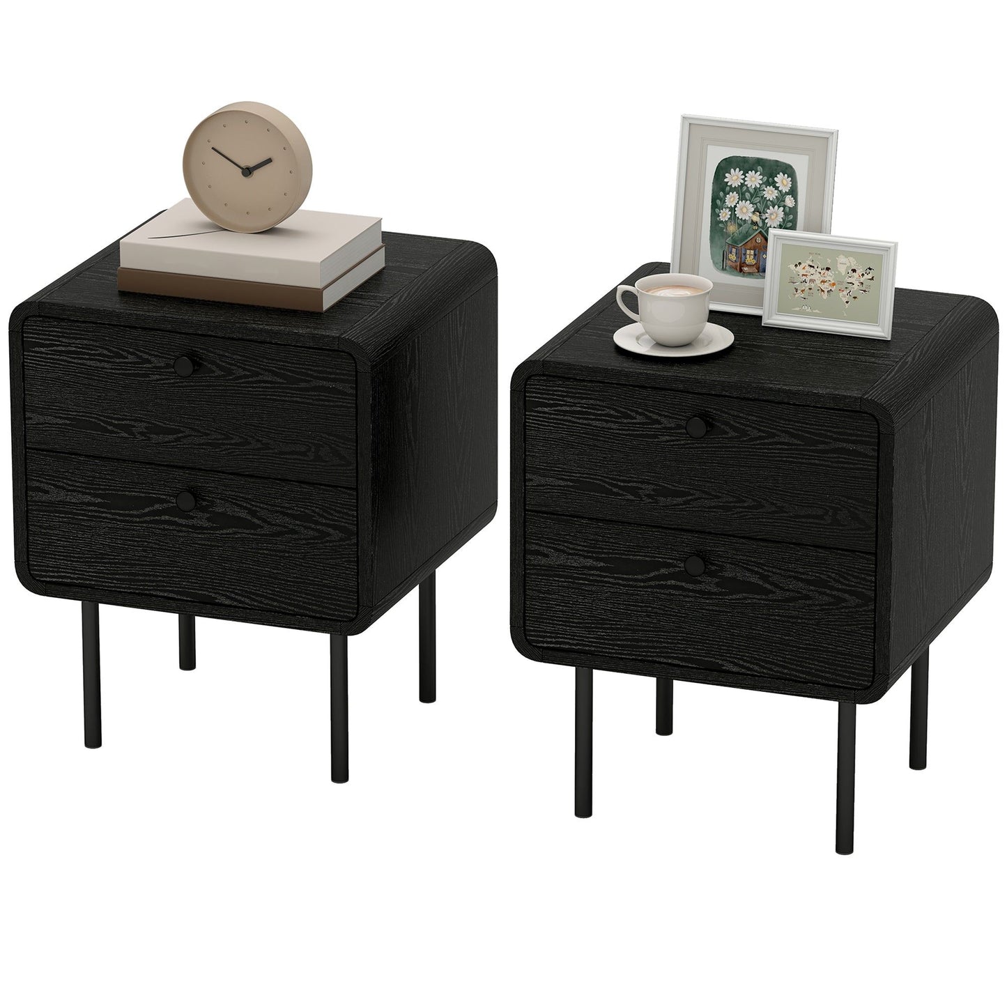 Nightstand Set of 2 with Drawer and Steel Legs - Black Wood Grain