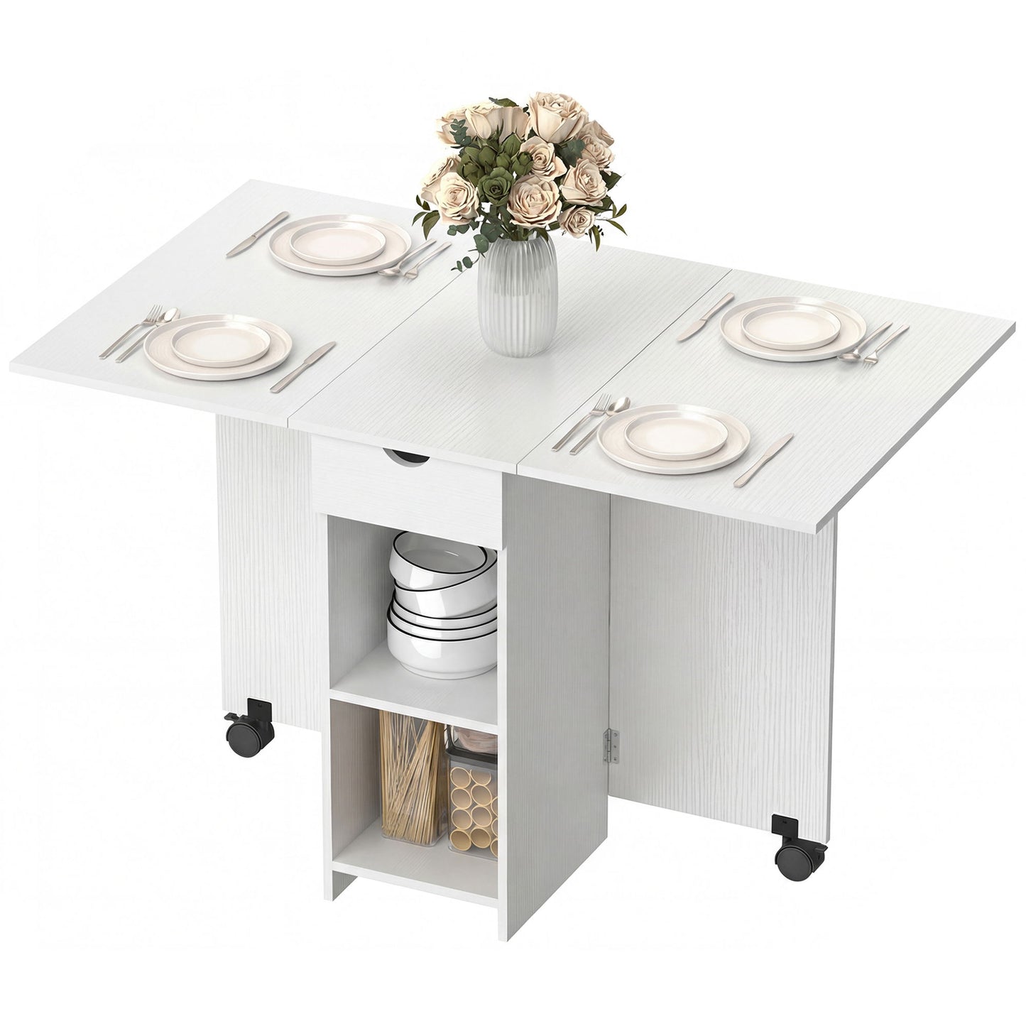 Folding Dining Table with Storage, Drop Leaf Kitchen Table with Drawer and Shelves for Small Spaces, White