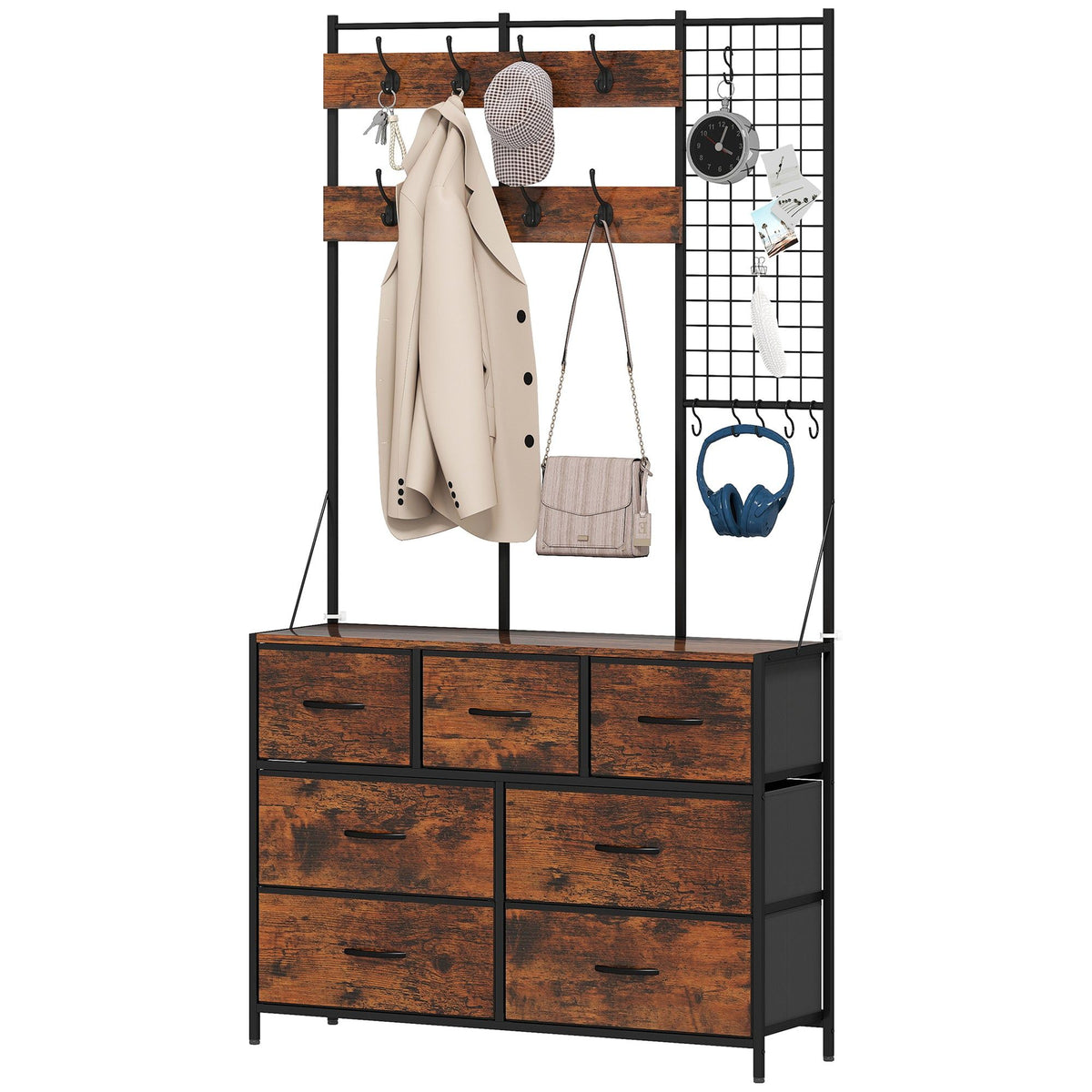 Hall Tree Coat Rack with 7-Drawer Dresser - Rustic Brown