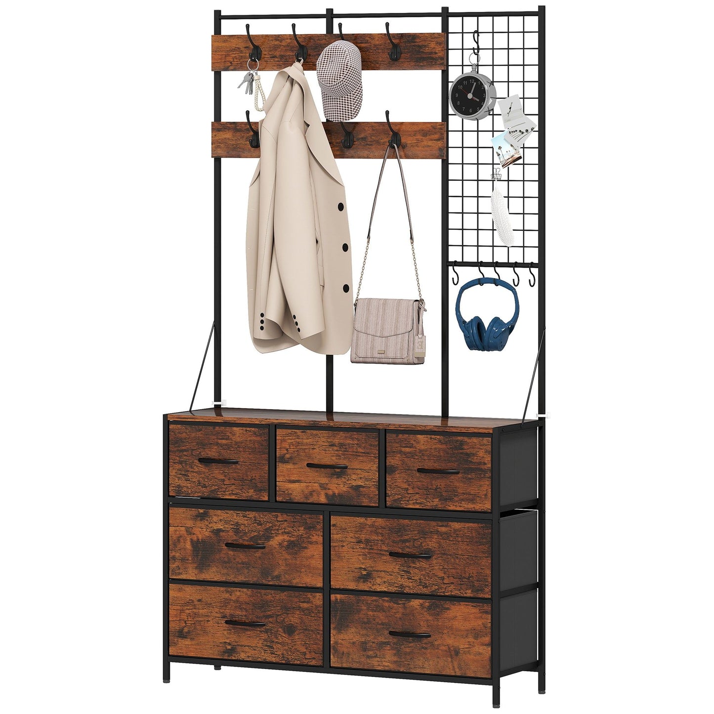 Hall Tree Coat Rack with 7-Drawer Dresser - Rustic Brown