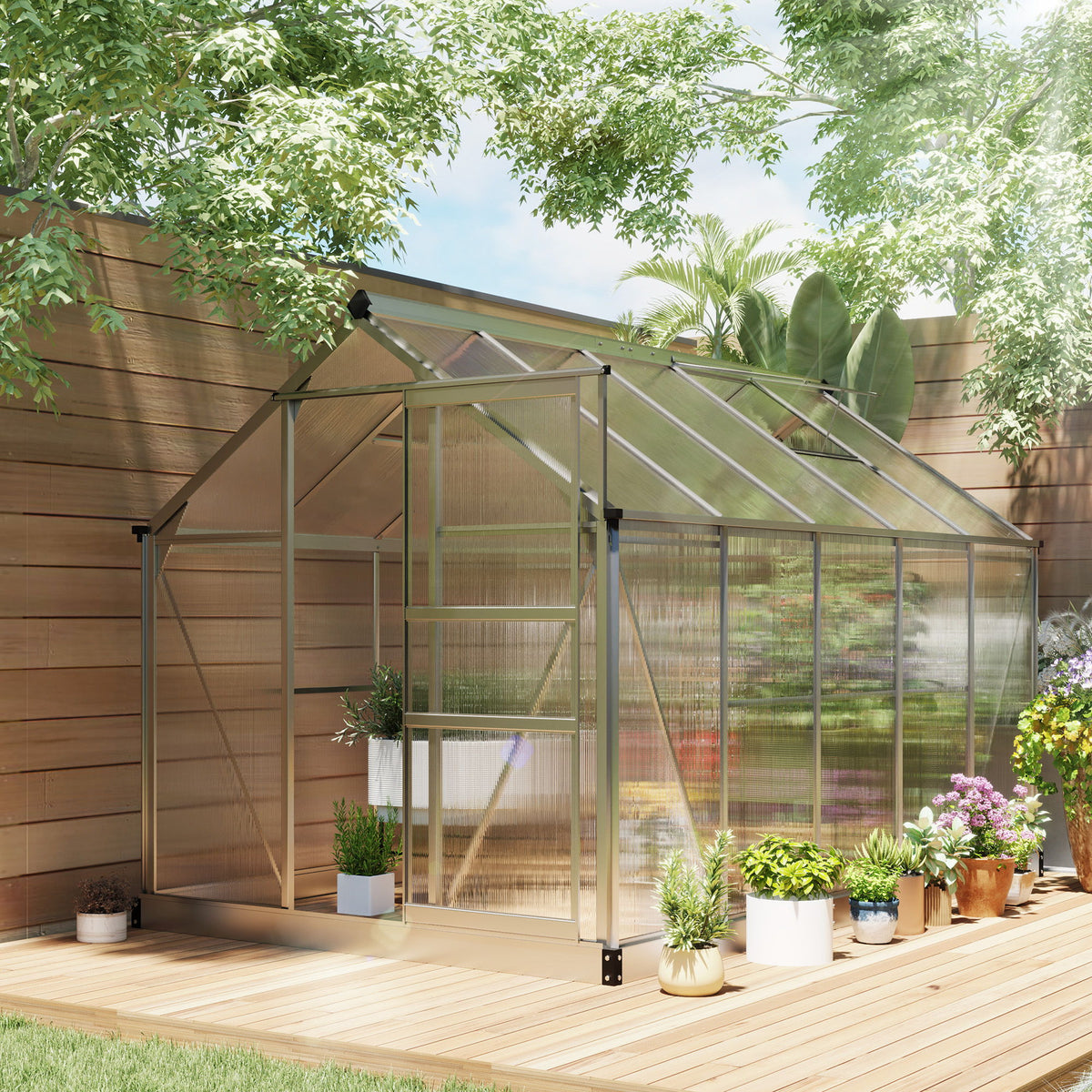 6' x 10' x 6.6' Polycarbonate Greenhouse, Walk-In Green House Kit Garden, Plants Grow, Galvanized Sheet Aluminum Frame with Rain Gutter, Vents and Sliding Door, Sliver