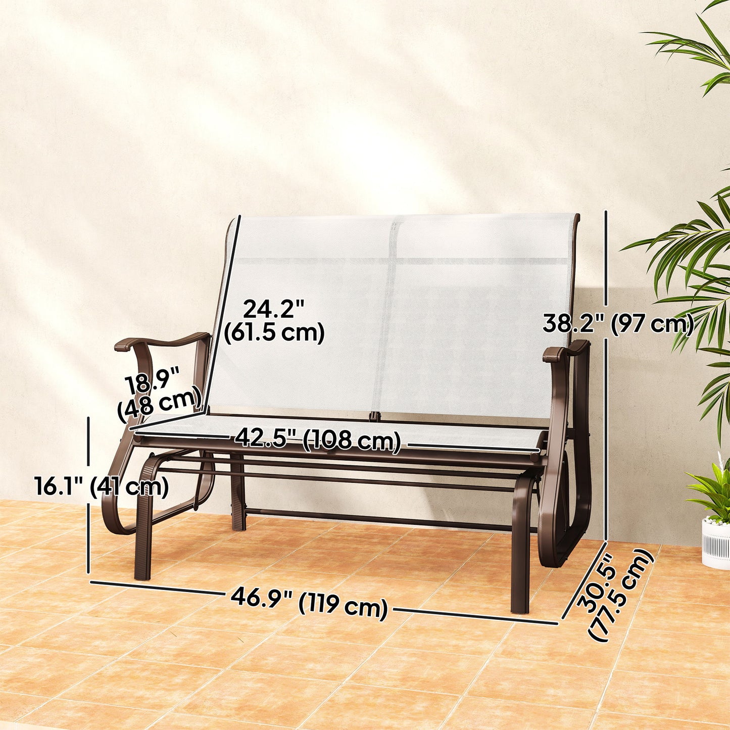 Garden Double Gliding Chair, Patio Glider Armchair for Outdoor, Backyard Mesh Seat and Backrest, Steel Frame Cream White