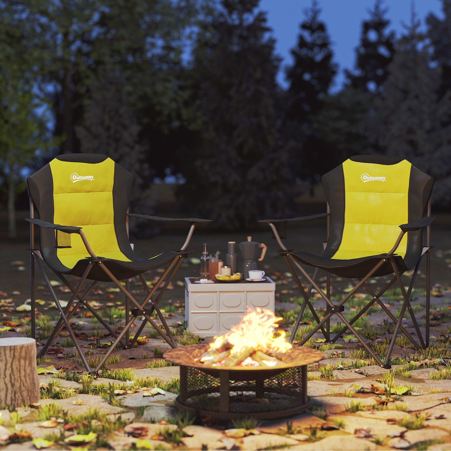 2 Pack Folding Camping Chairs, High Back Folding Chairs w/ Cup Holder, Padded Camping Chairs for Outdoor Events, Yellow