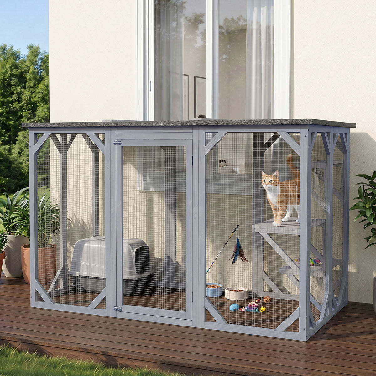 44.1" H Cat Cage, Indoor Outdoor Wooden Enclosure Pet House, Small Animal Cage Hutch, Suitable for Rabbit, Dogs, Kitten, Crate Kennel with Waterproof Roof, Multi-Level Platforms, Lock, Grey