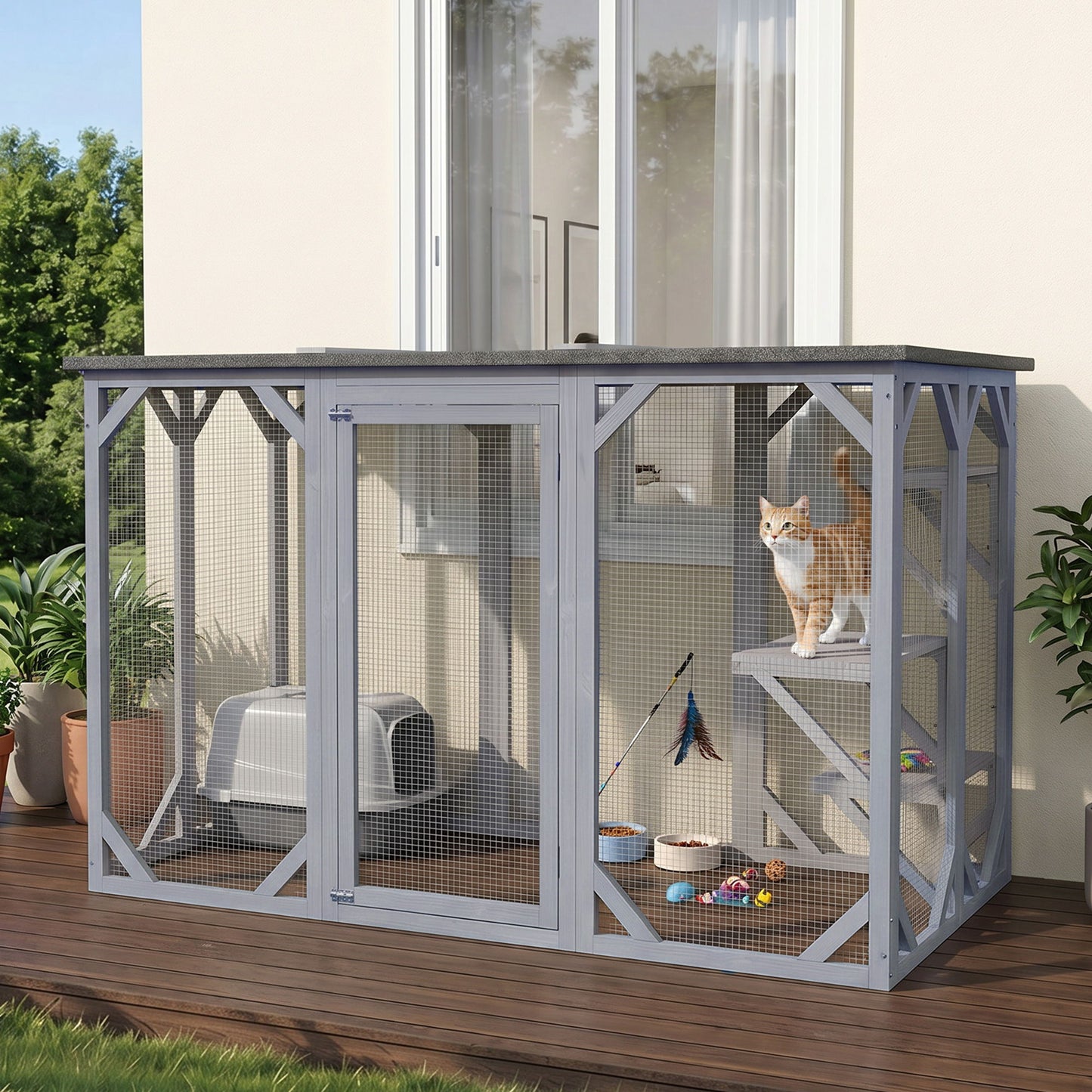 44.1" H Cat Cage, Indoor Outdoor Wooden Enclosure Pet House, Small Animal Cage Hutch, Suitable for Rabbit, Dogs, Kitten, Crate Kennel with Waterproof Roof, Multi-Level Platforms, Lock, Grey