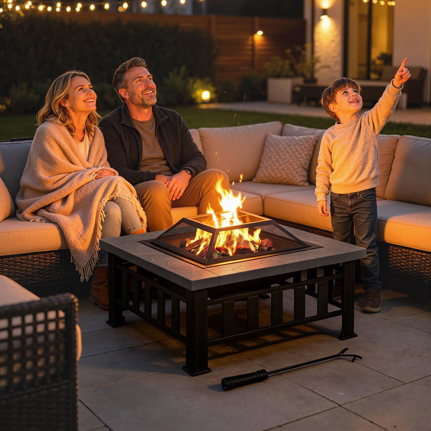 34" Outdoor Square Firepit Steel Stove Portable with Spark Screen Cover Log Grate Poker and Rain Cover for Outside Wood Burning and Camping Black