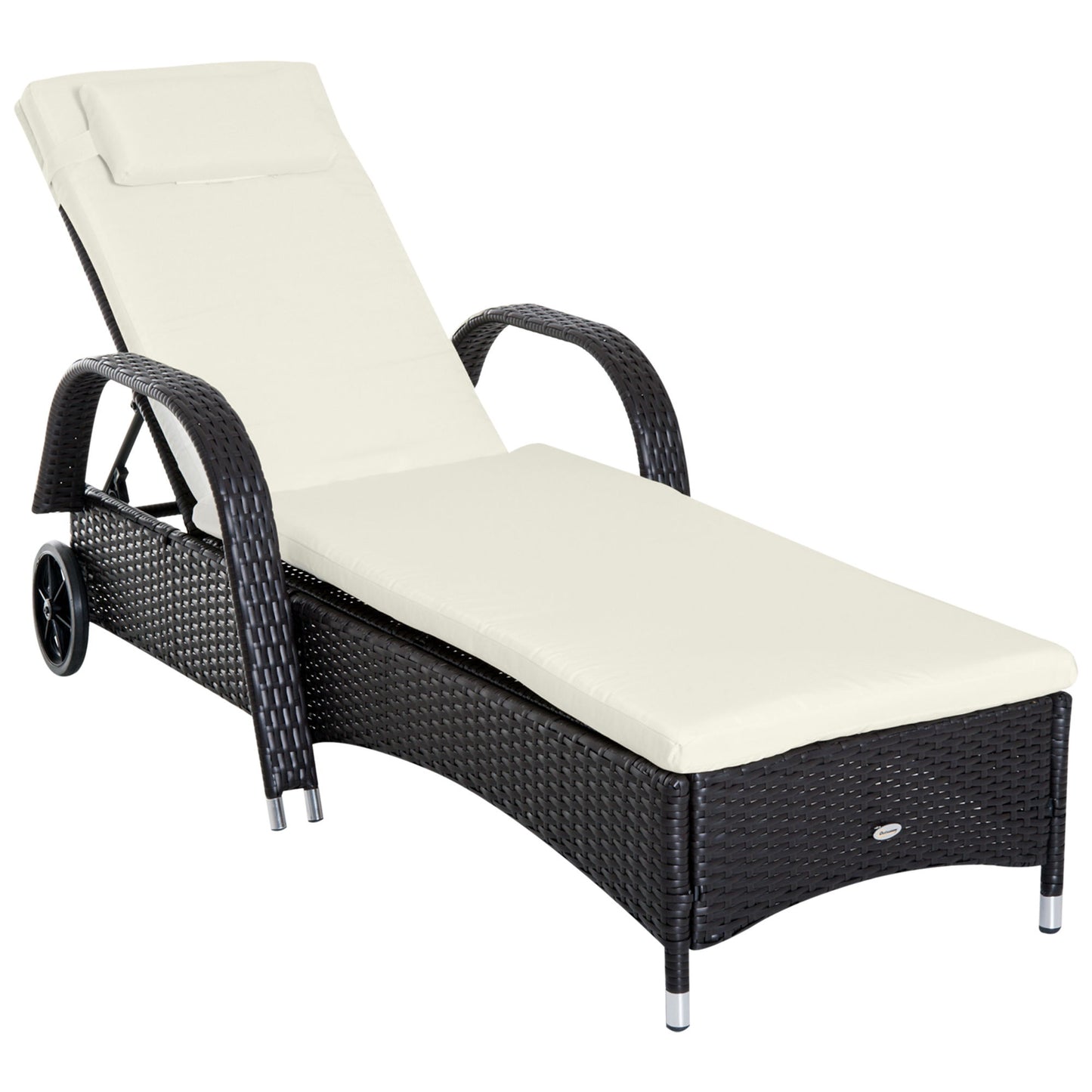 Wicker Chaise Lounge, Outdoor Lounge Chair, PE Rattan Patio Sun lounger with Head-rest, 5-Level Height Adjust Backrest, Cushion & Wheels, Deep Coffee and Cream White