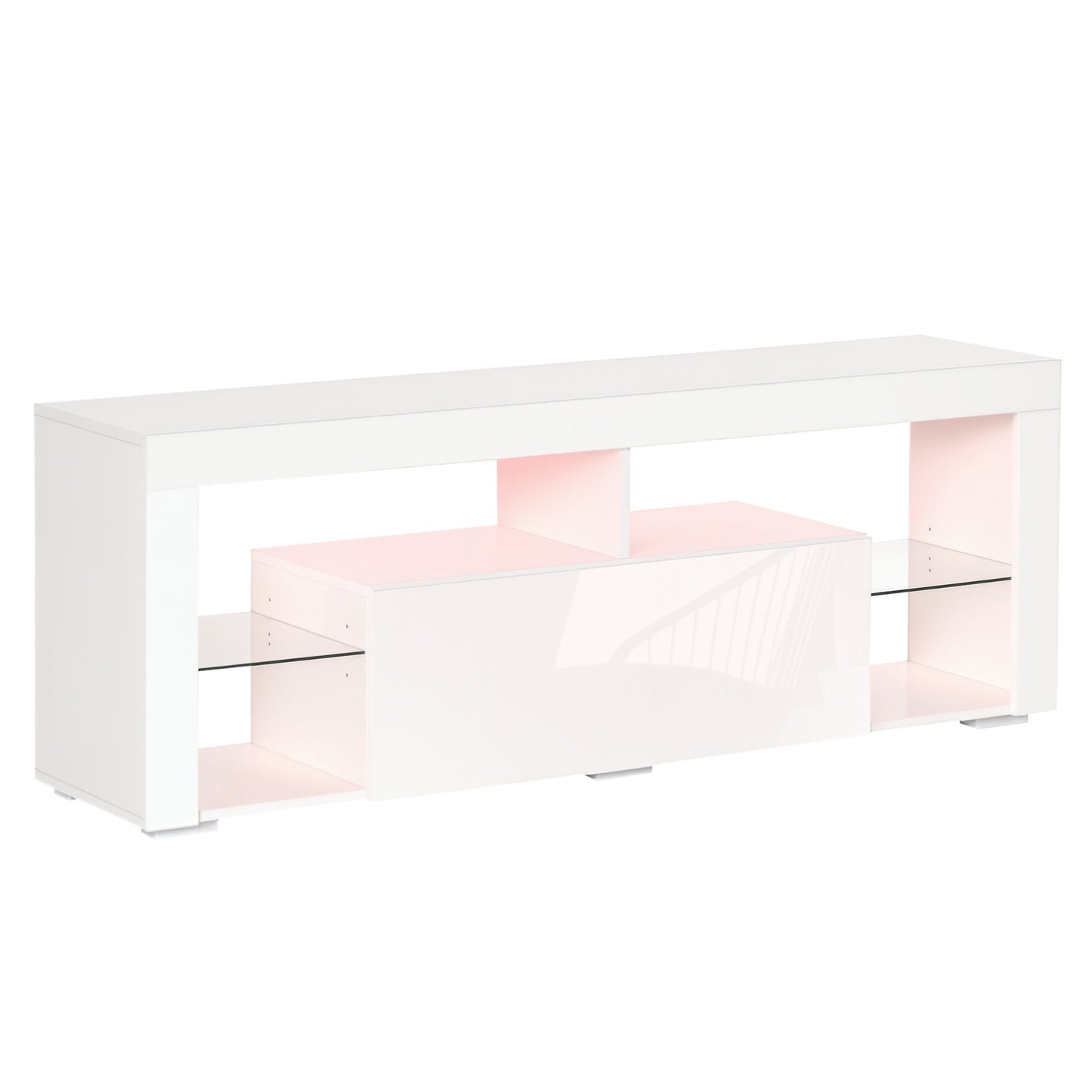 TV Stand for 55-Inch TVs, High Gloss TV Bench with LED Lights, Remote Control, Storage Drawer and Shelves, Entertainment Unit for Living Room, Bedroom, White