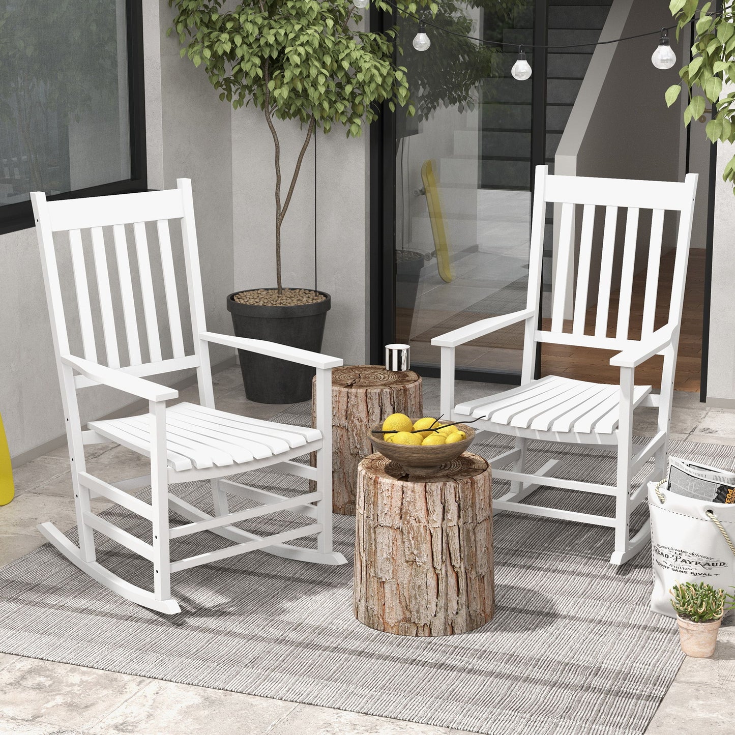 Wooden Patio Rocking Chairs Set of 2, Outdoor Rocker Chairs with Wide Armrests, High Back for Garden, Balcony, White
