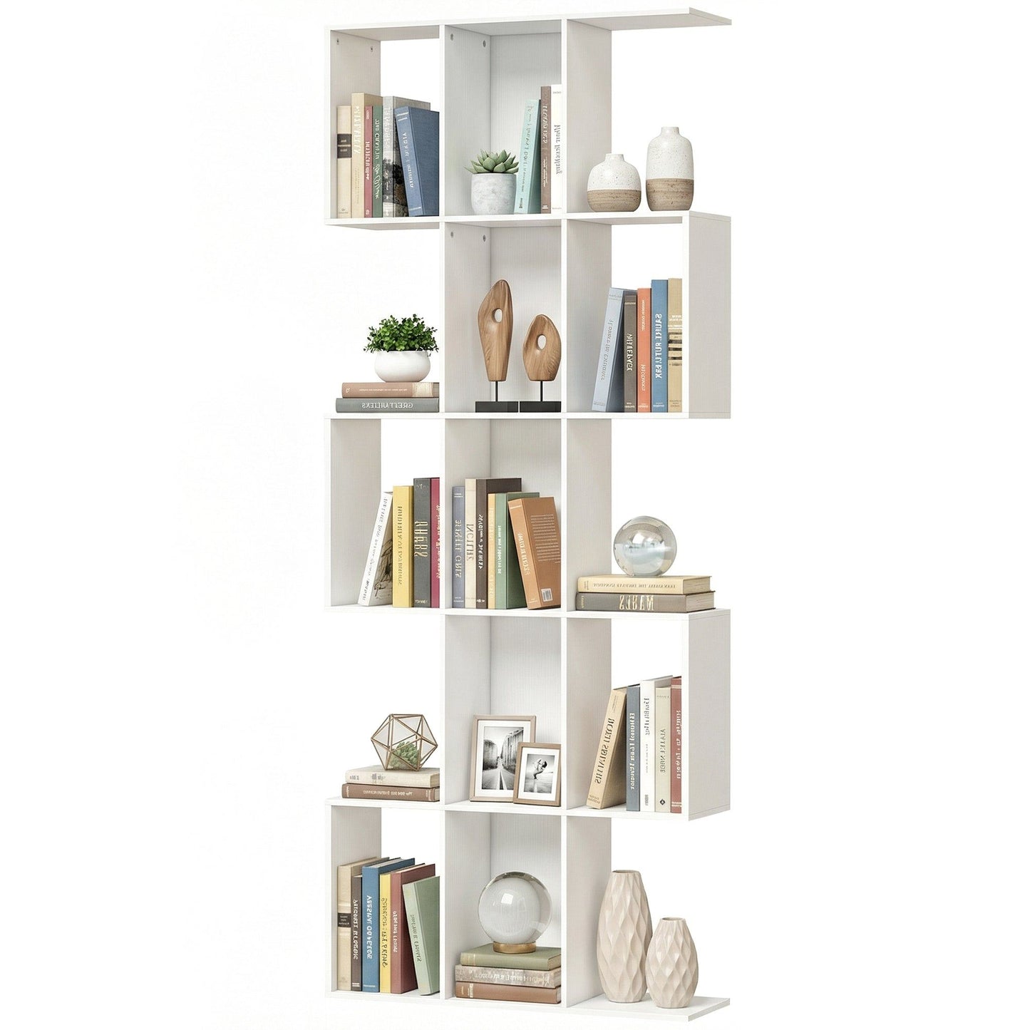 5-Tier S-Shaped Geometric Bookcase - White Wood Grain