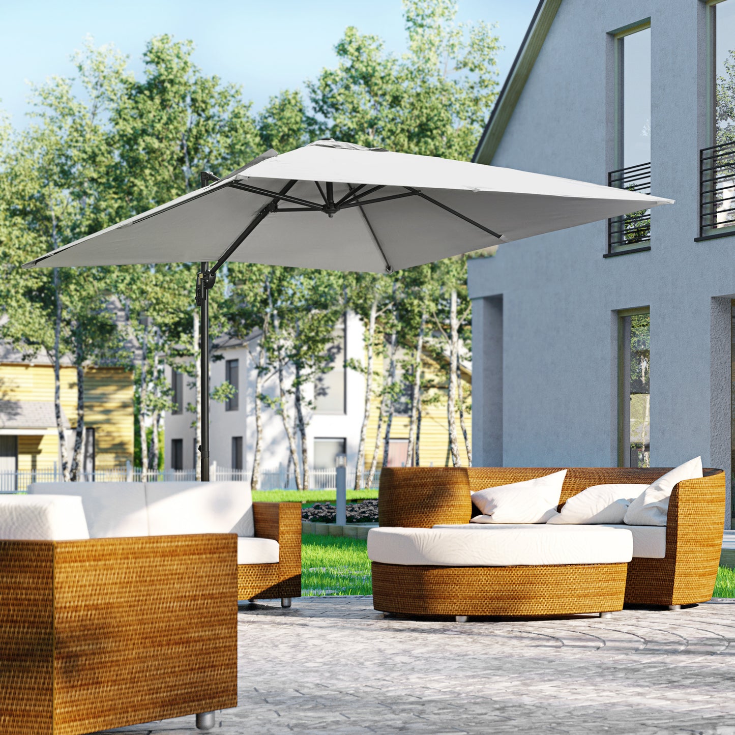 9ft Cantilever Patio Umbrella, Square Overhanging Umbrella with Cross Base, Crank Handle, Tilt Light Grey