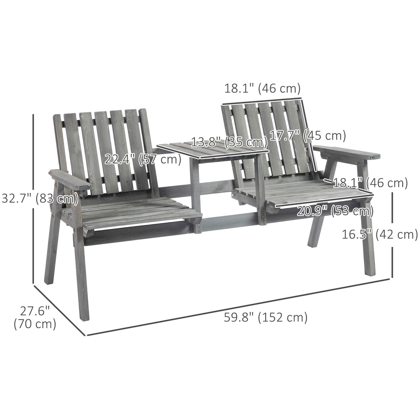 2-Seater Outdoor Bench with Middle Table, Wooden Garden Bench with Parasol Hole, Patio Loveseat for Yard, Porch, Grey