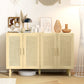 Boho Sideboard Buffet Cabinet, Storage Cabinet with 4 Rattan Doors and Adjustable Shelves, Natural