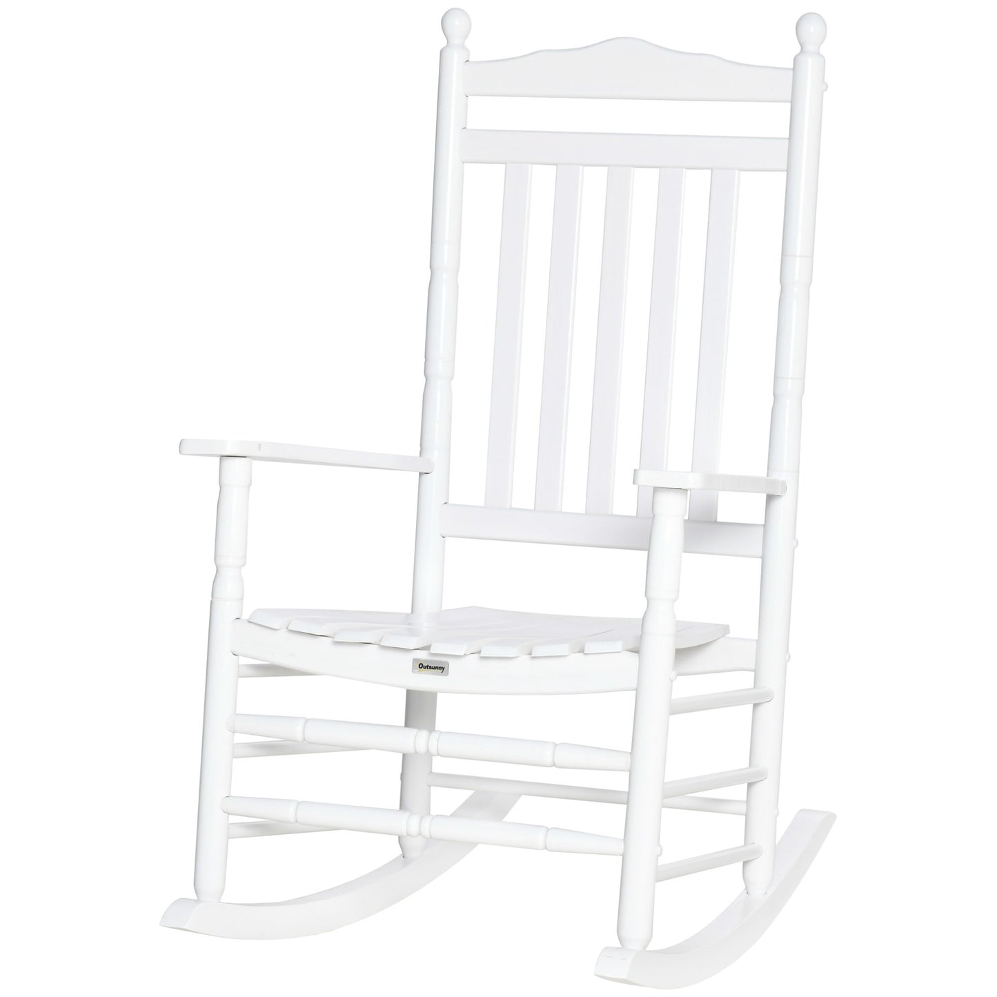 Wooden Outdoor Rocking Chair, Patio Rocking Chair with Slatted High Back and Armrests for Porch, Garden, Lawn, White