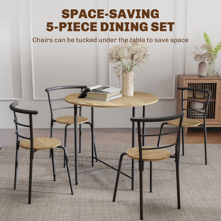 5-Piece Round Dining Set for 4 with Metal Frame - Natural