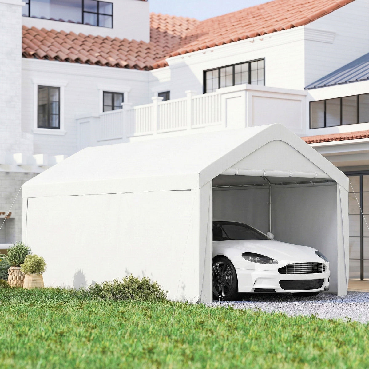 Carport, 10 x 20 ft Portable Garage with 2 Roll-Up Doors and Removable Sidewalls for Car, Truck, Boat, White