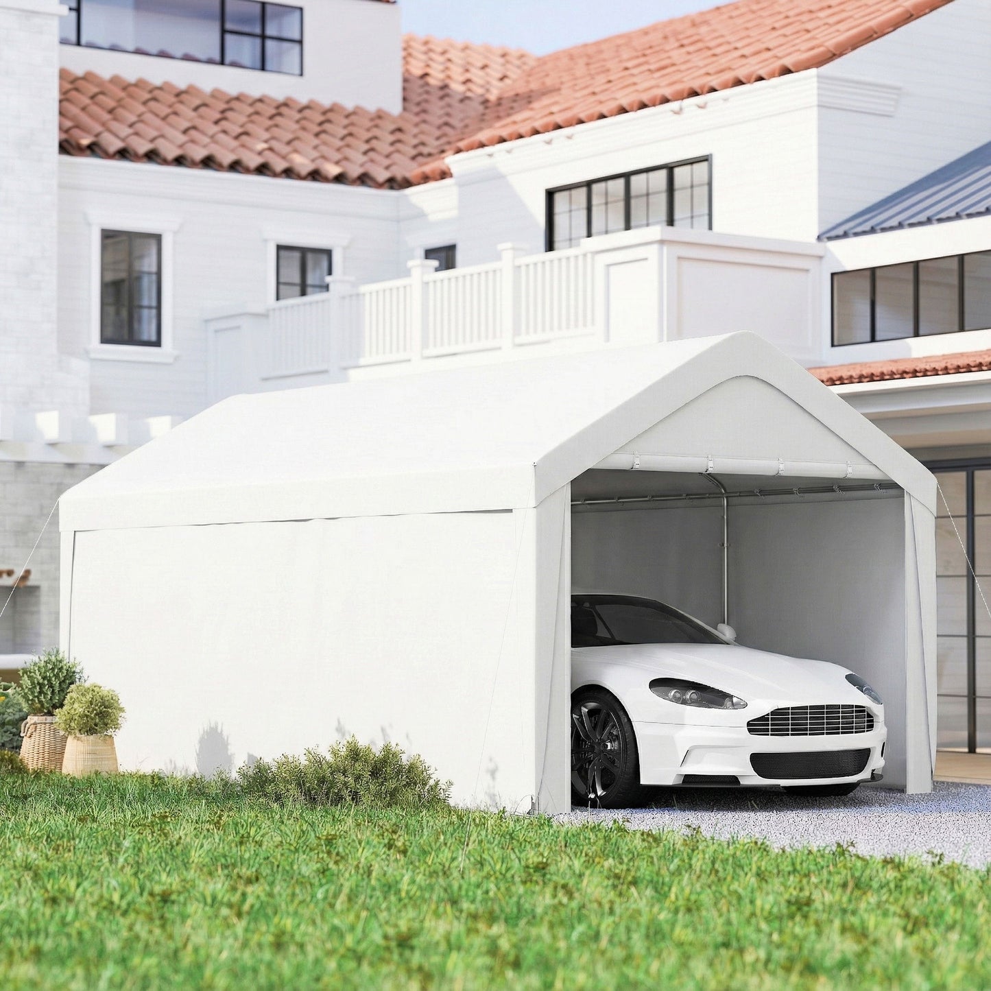 Carport, 10 x 20 ft Portable Garage with 2 Roll-Up Doors and Removable Sidewalls for Car, Truck, Boat, White