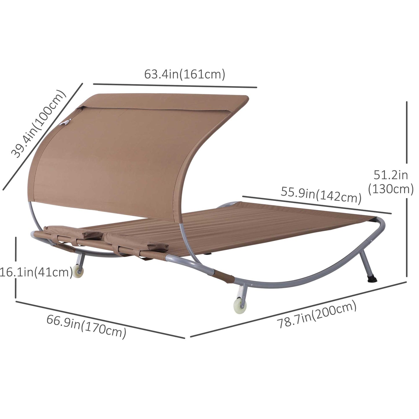 79" Outdoor Lounge Chair with Canopy, Double Chaise Lounger Hammock Bed w/ Pillow and Wheels, Brown