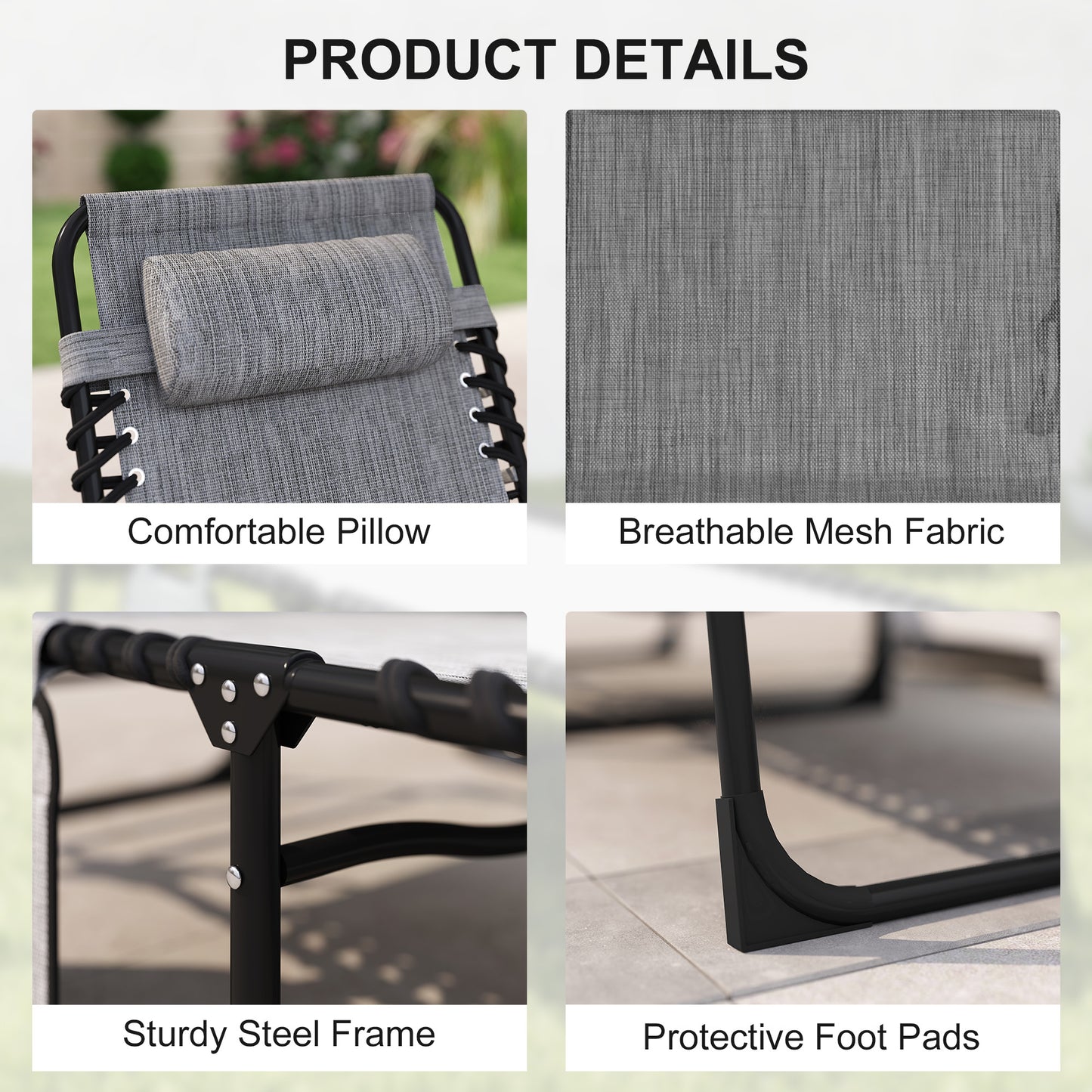 Outdoor Folding Chaise Lounge, Reclining Lounge Chair with Adjustable Backrest and Removable Pillow, Mixed Grey
