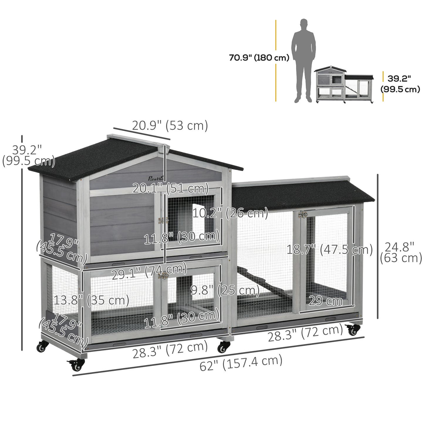 62" Wooden Rabbit Hutch with Wheels, Run Box, Tray, Ramp for Small Animals, Guinea Pig, Indoor Outdoor Use, Light Grey