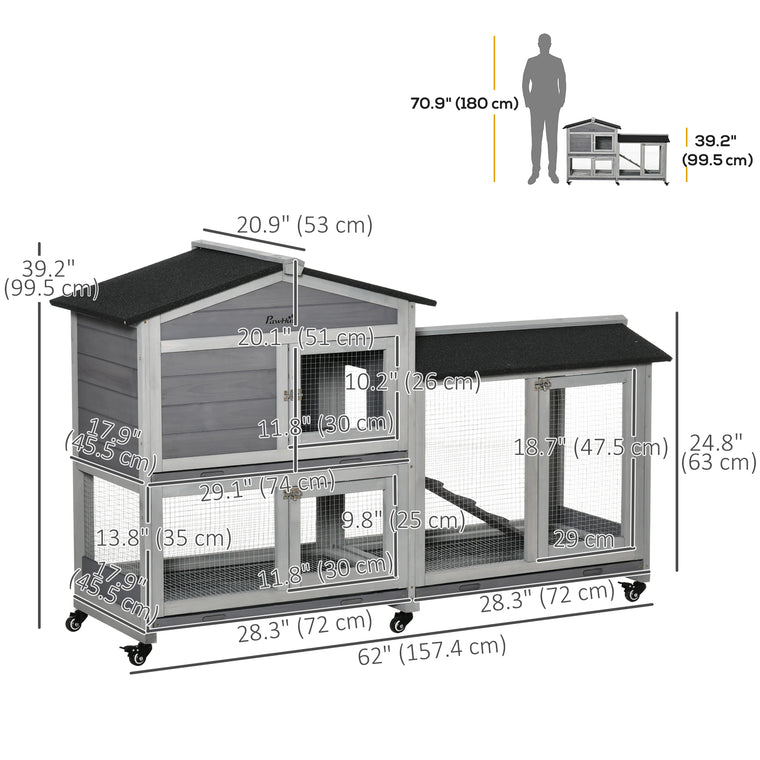 62" Light Grey Wooden Rabbit Hutch with Wheels & Run Box