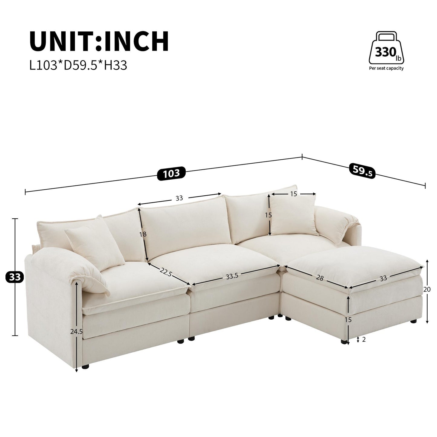 Modular Sectional Sofa with Deep Wide Seats and Cushions, L-Shaped Cloud Couch with Movable Ottoman, 103" L x 59.5" W x 33" H, White